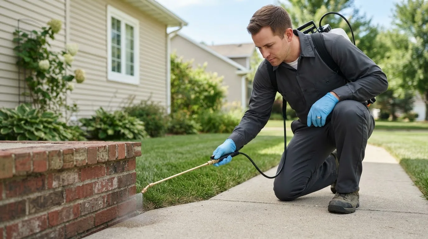 Pest control technician treating a home near Blairstown, MO