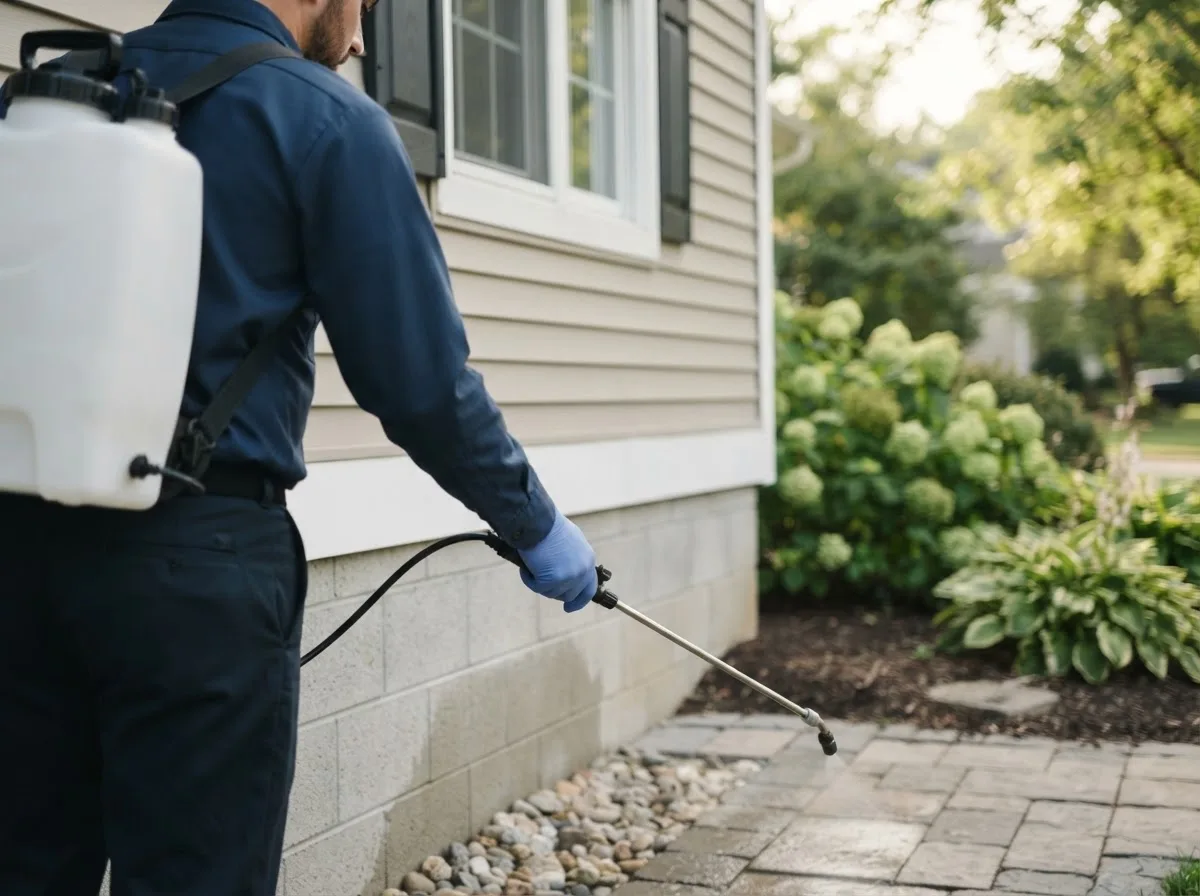 Pest control technician inspecting a home in Blairstown, MO